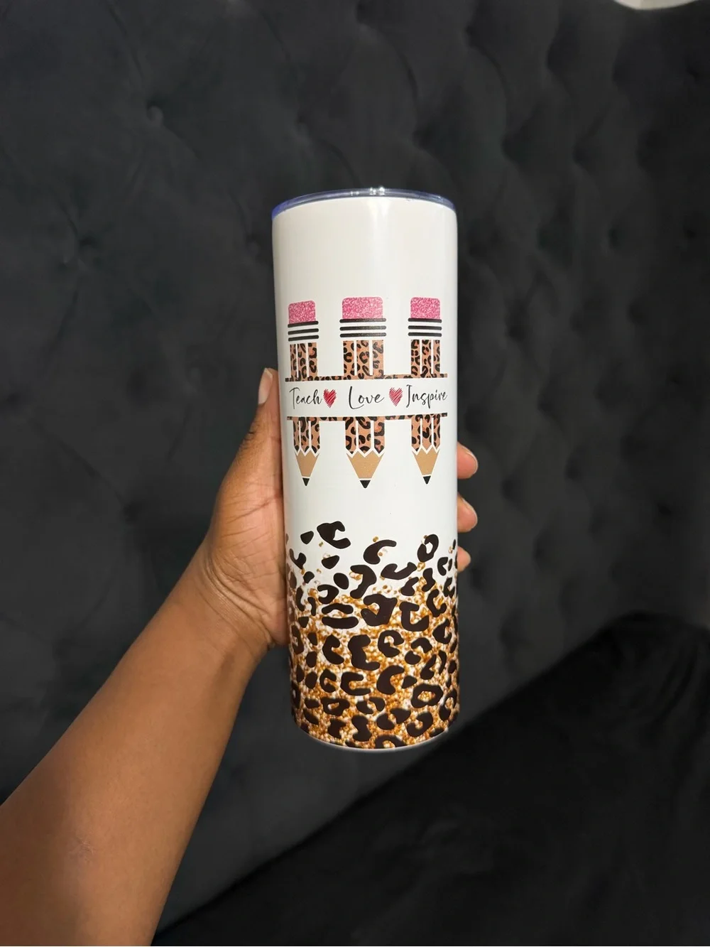 #teacherlife Leopard Accent White Tumbler